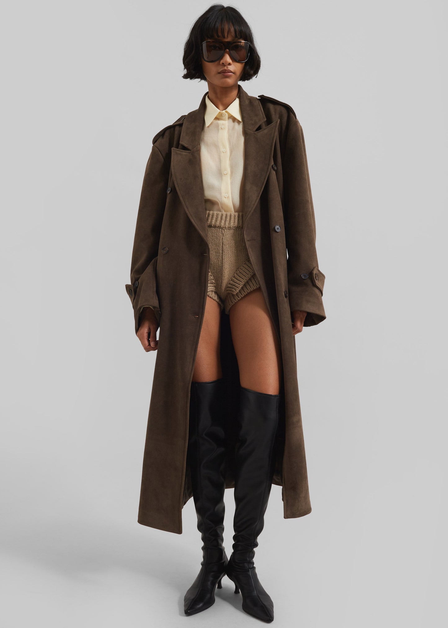 Peoria Faux Suede Trench Coat - Brown