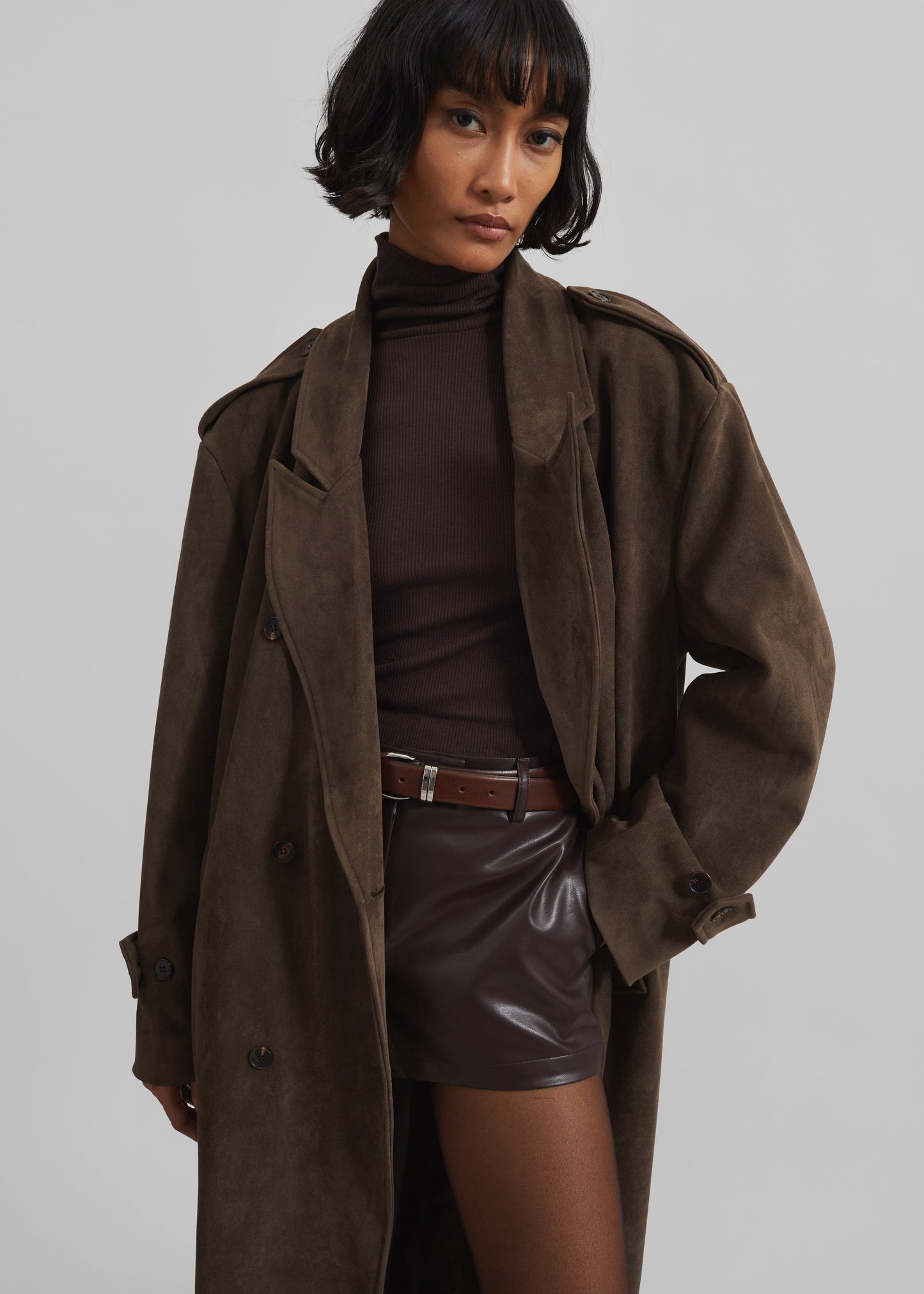 Peoria Faux Suede Trench Coat - Brown