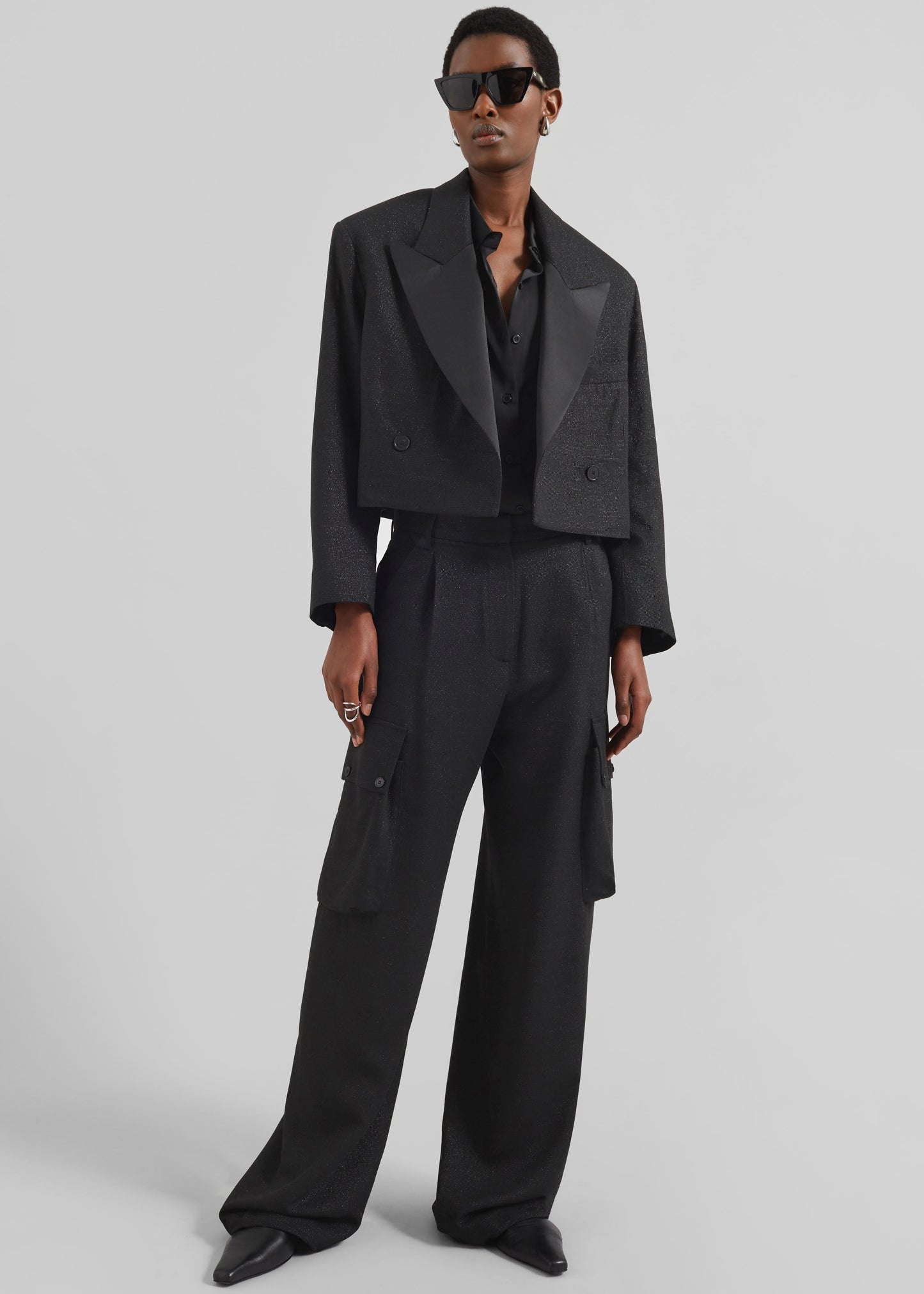 Rosmont Shimmer Cropped Smoking Jacket - Black