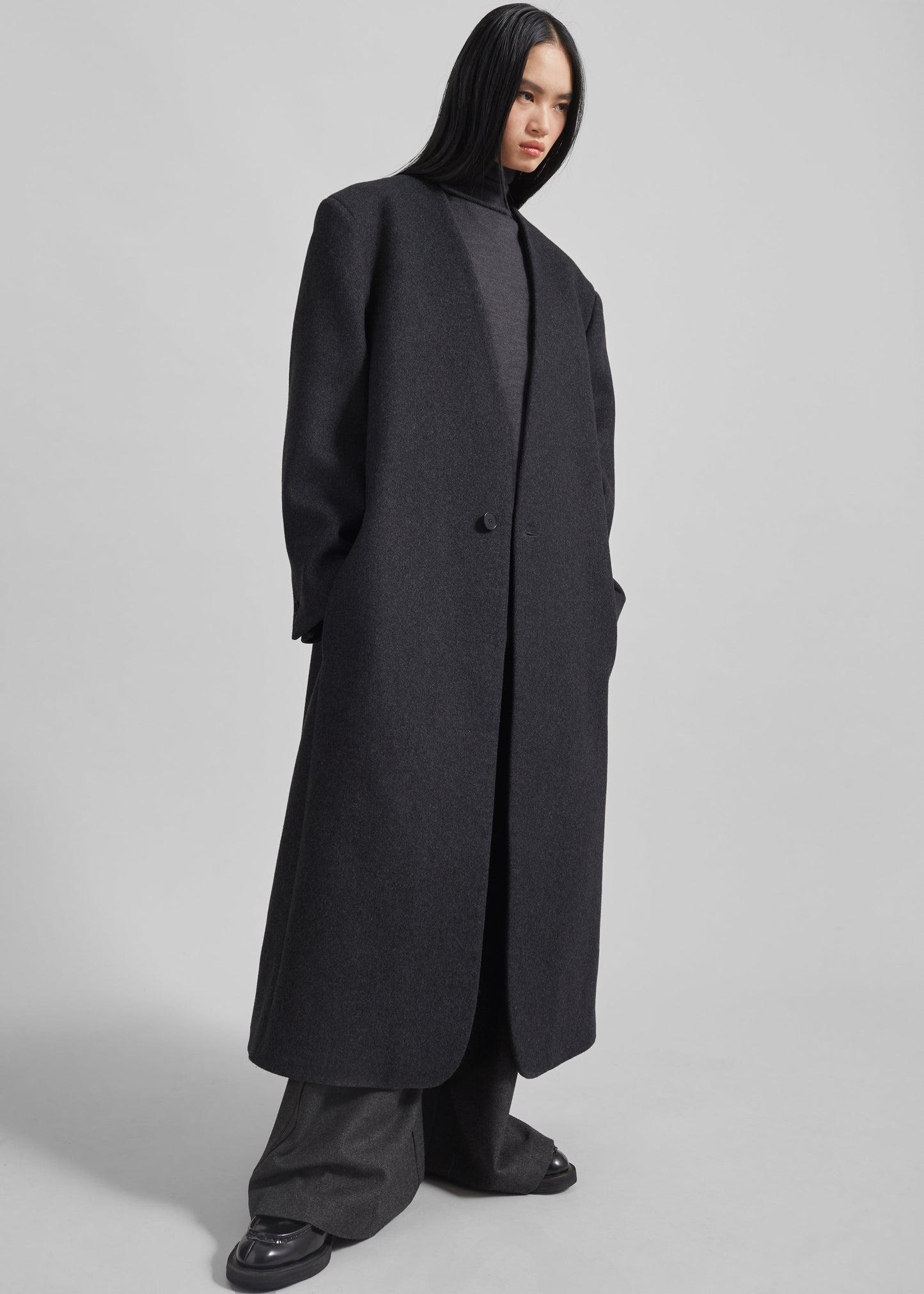 Sabel Collarless Wool Coat - Dark Grey Melange