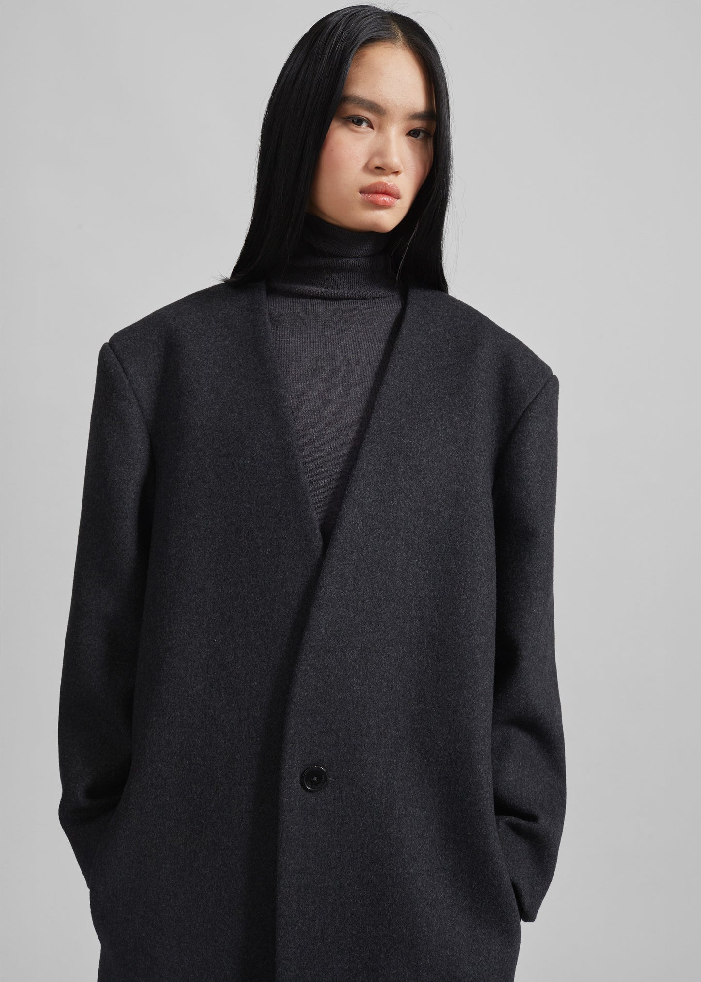 Sabel Collarless Wool Coat - Dark Grey Melange