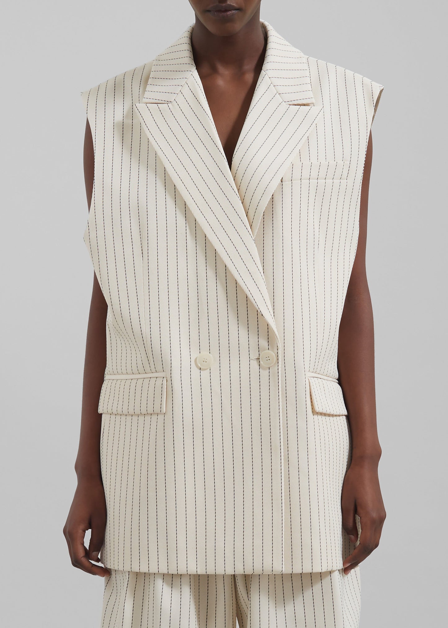 Shane Twill Double Breasted Vest - Light Beige/Black Pinstripe