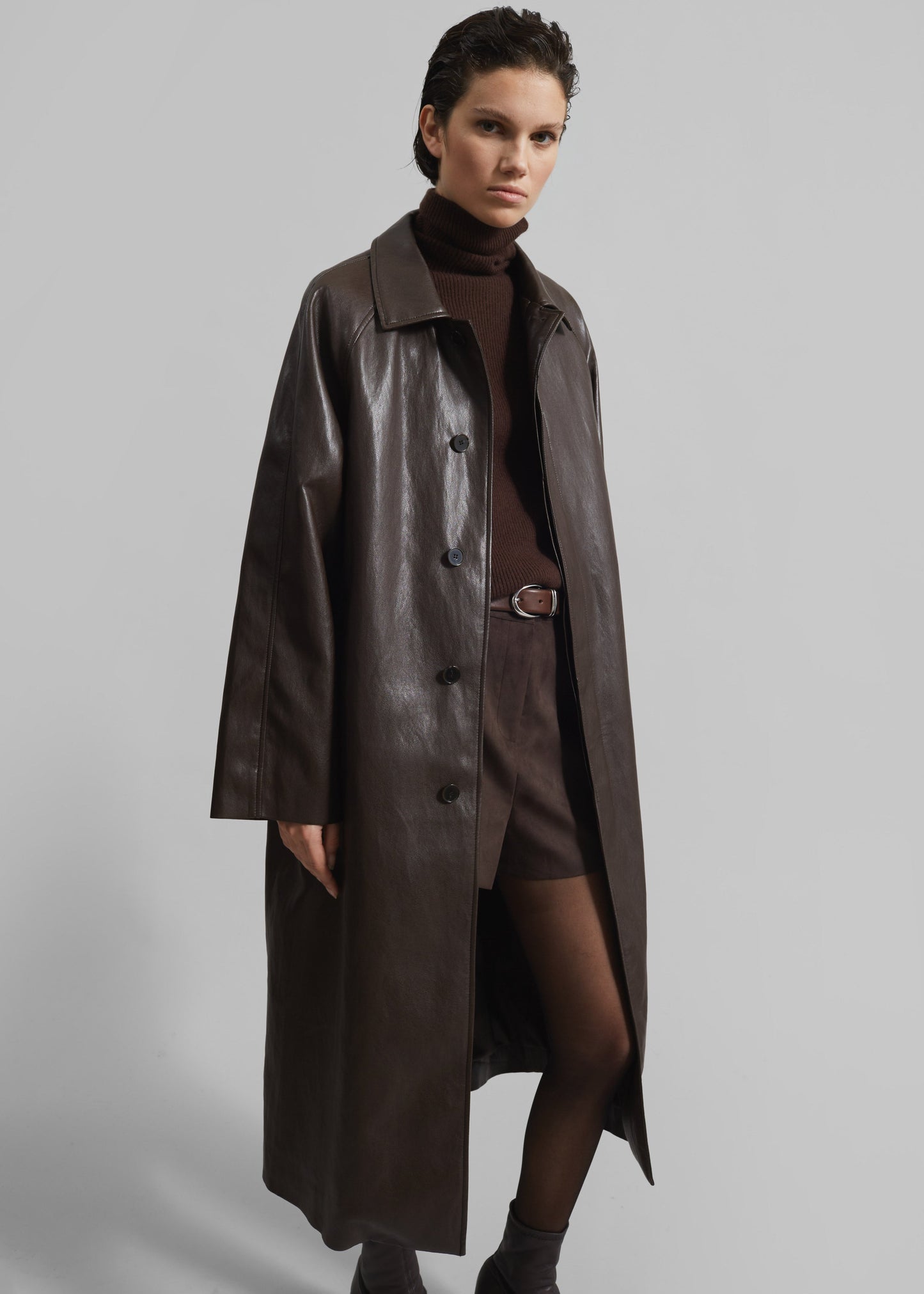 Skane Faux Leather Trench - Brown