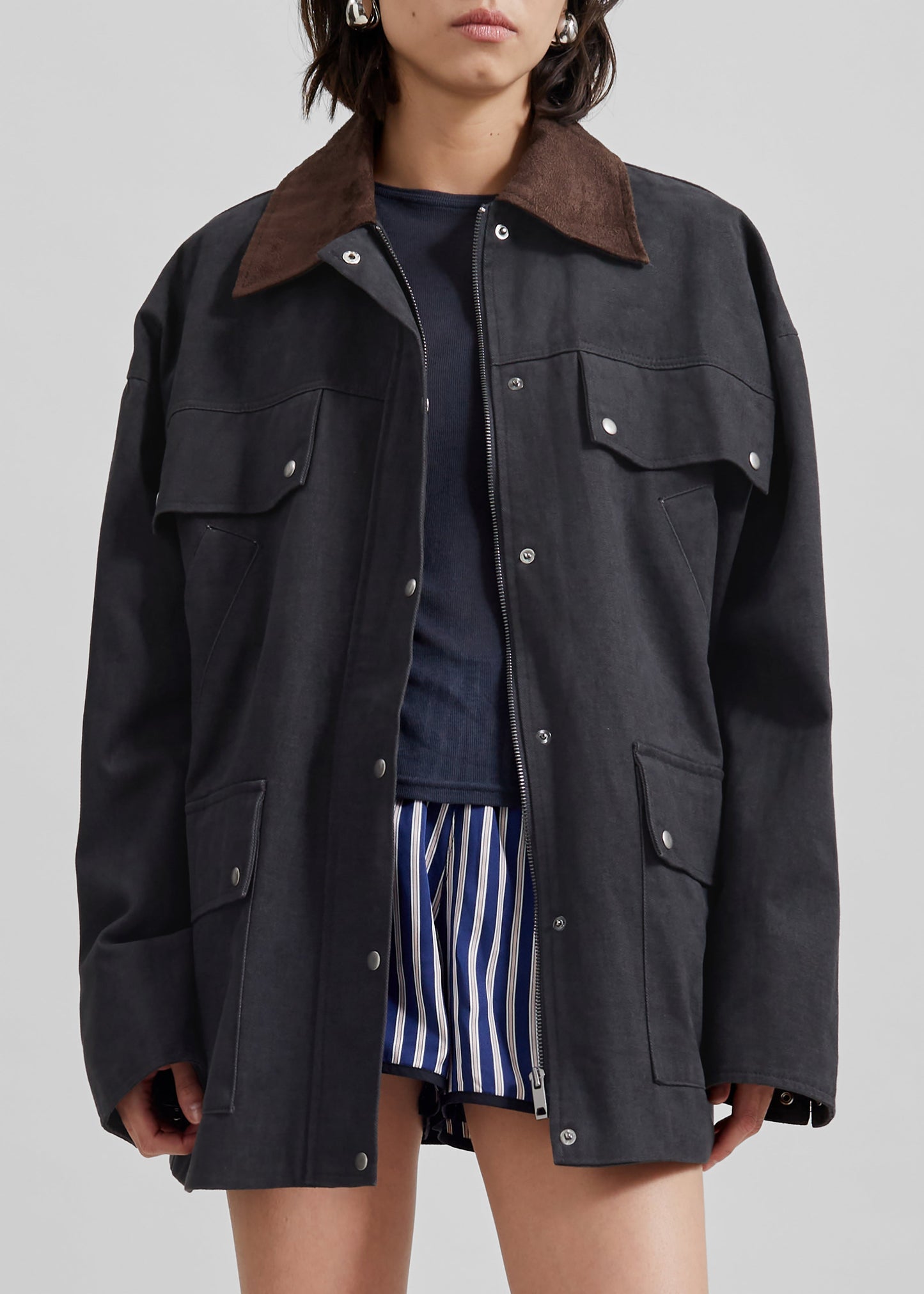 Stevan Contrast Collar Cargo Jacket - Charcoal