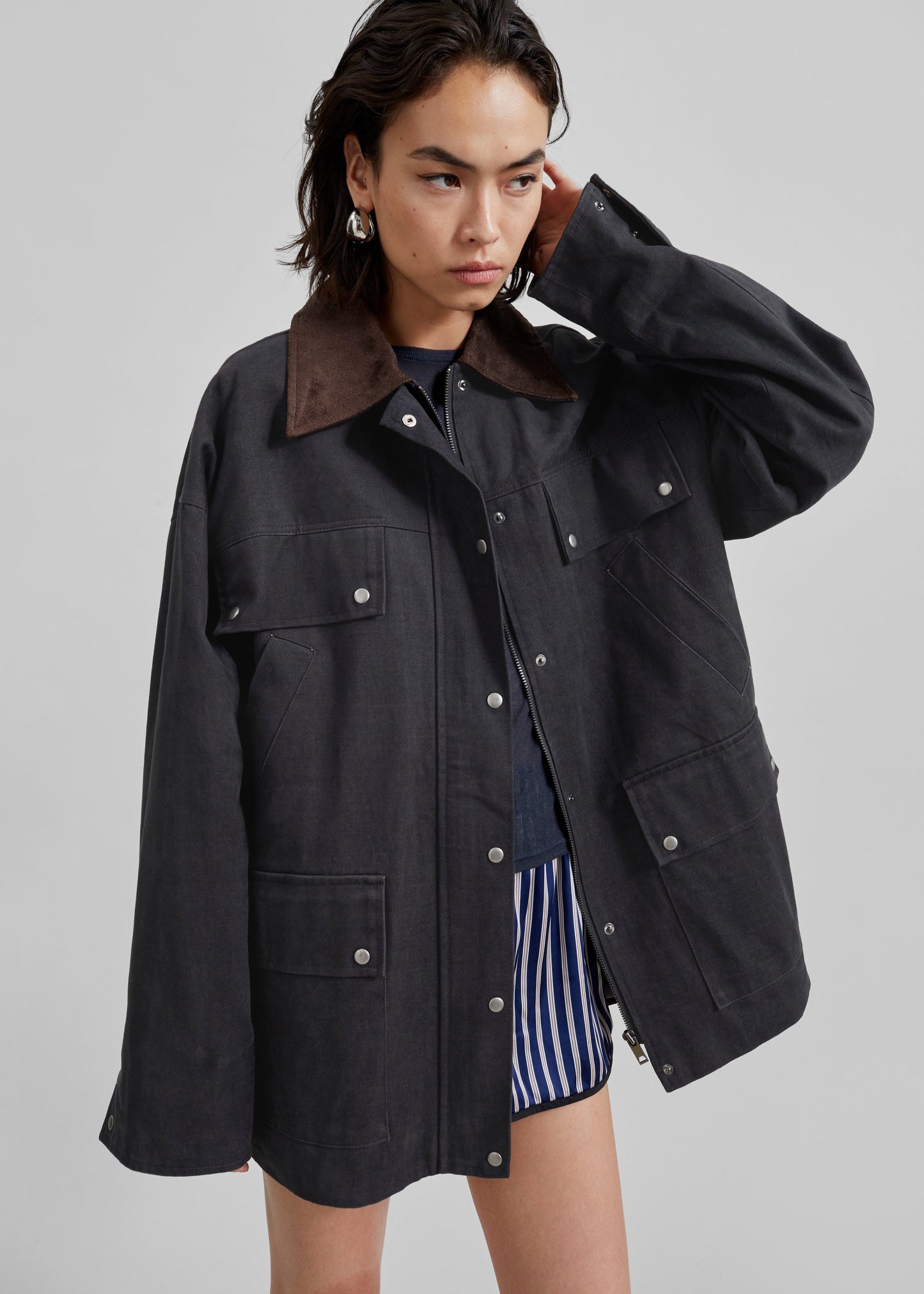 Stevan Contrast Collar Cargo Jacket - Charcoal