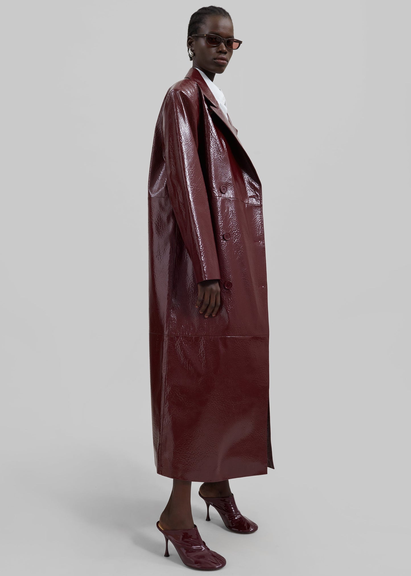 Tina Crackled Faux Leather Trench Coat - Burgundy