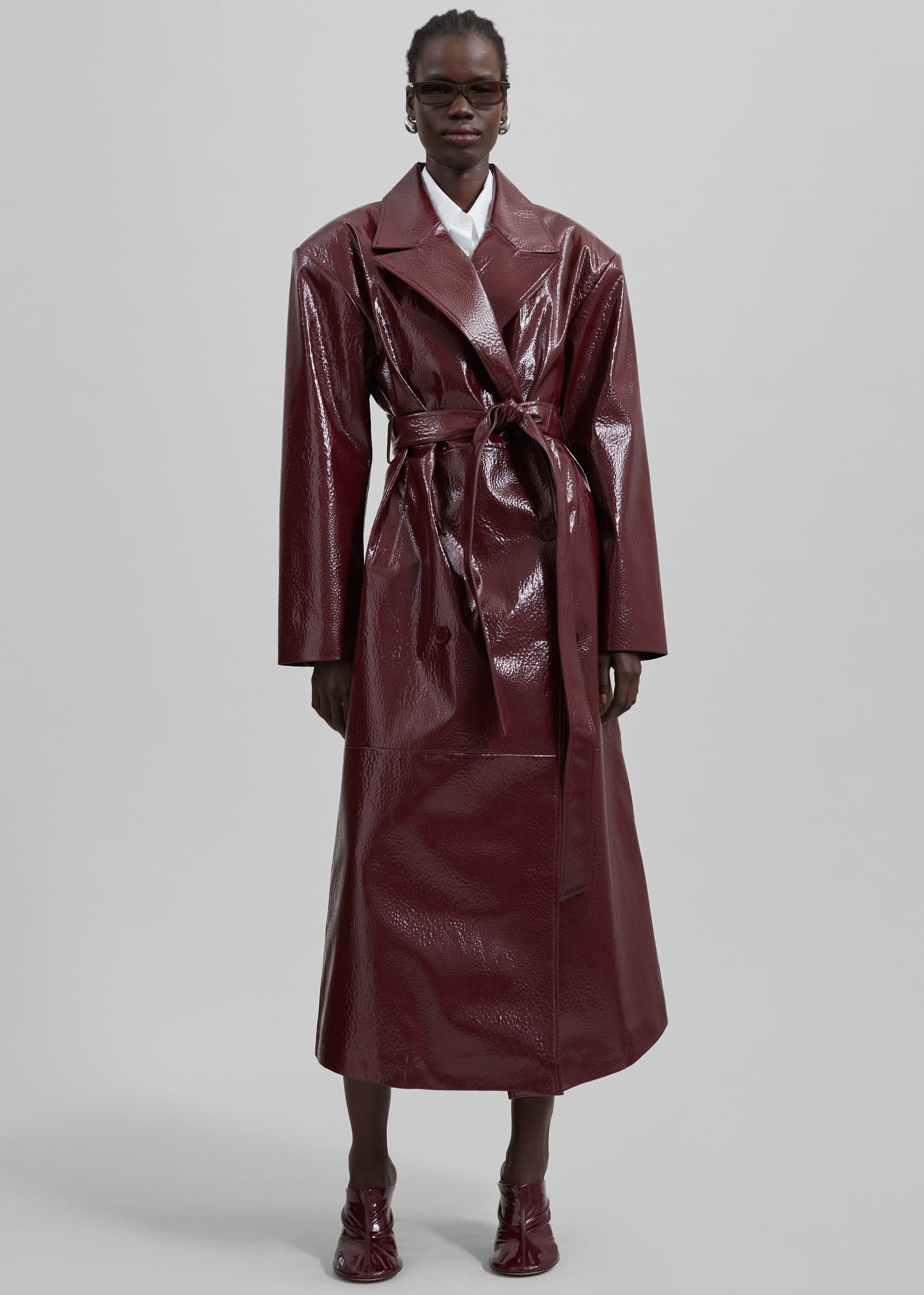 Tina Crackled Faux Leather Trench Coat - Burgundy