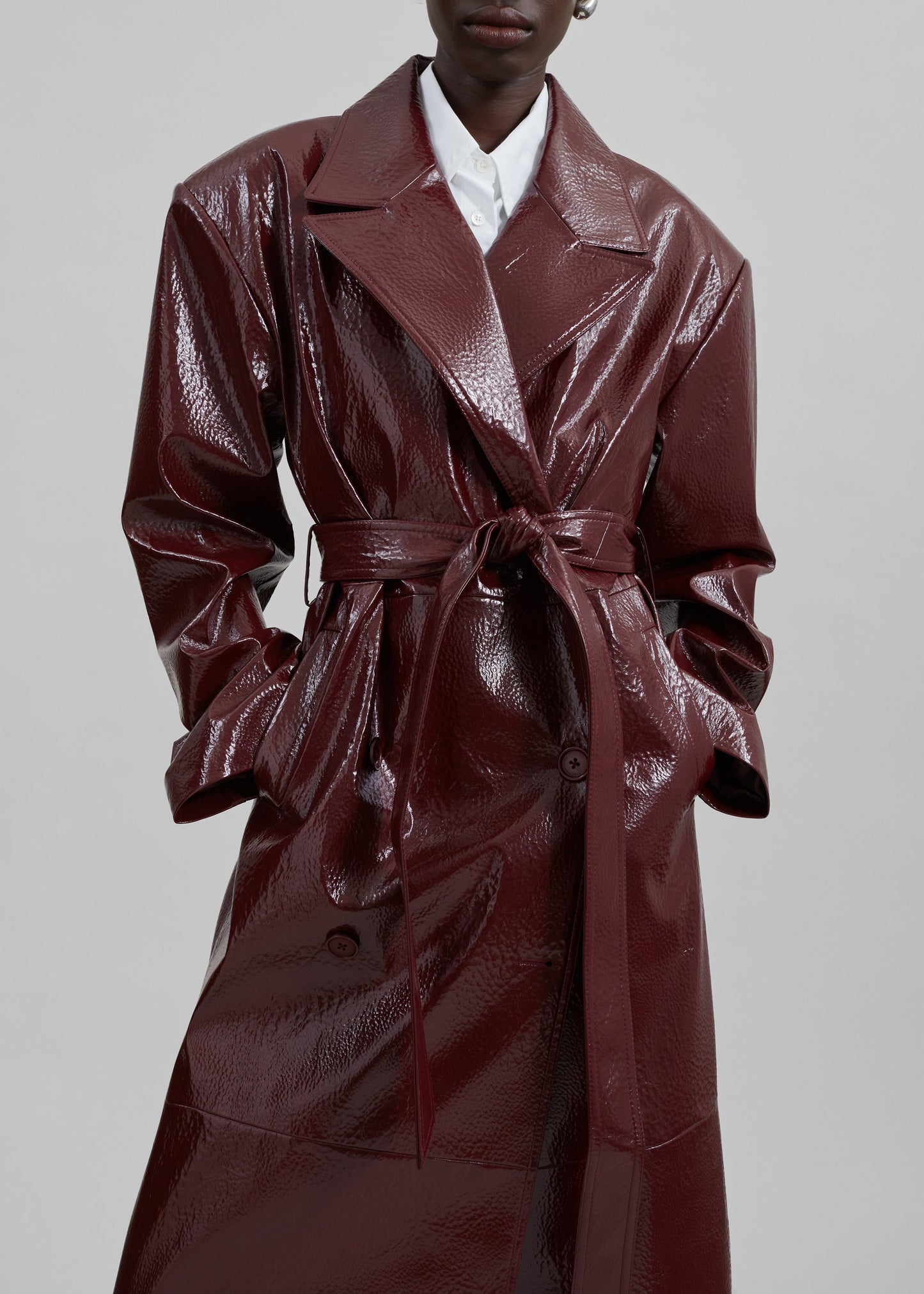 Tina Crackled Faux Leather Trench Coat - Burgundy