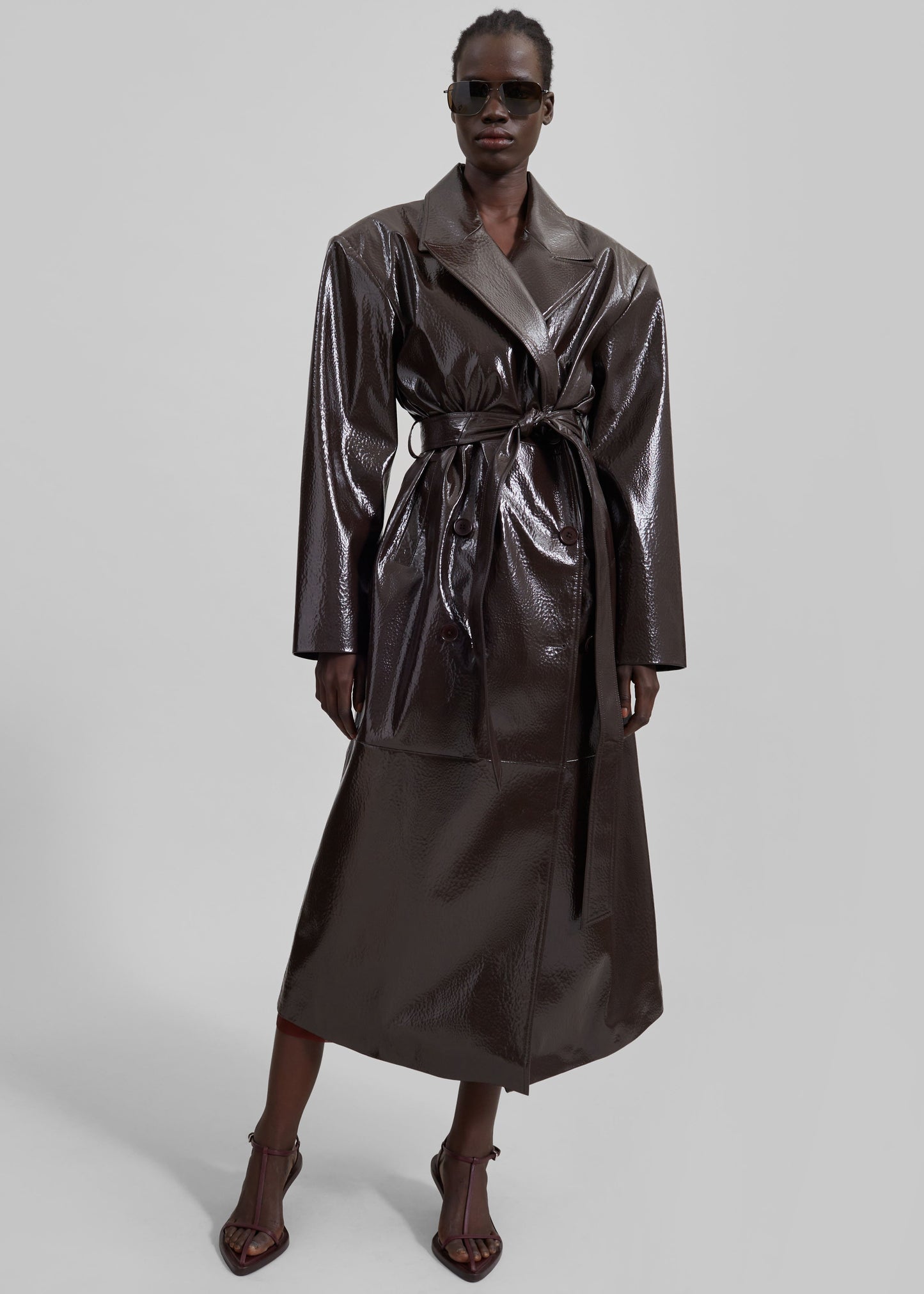 Tina Crackled Faux Leather Trench Coat - Brown