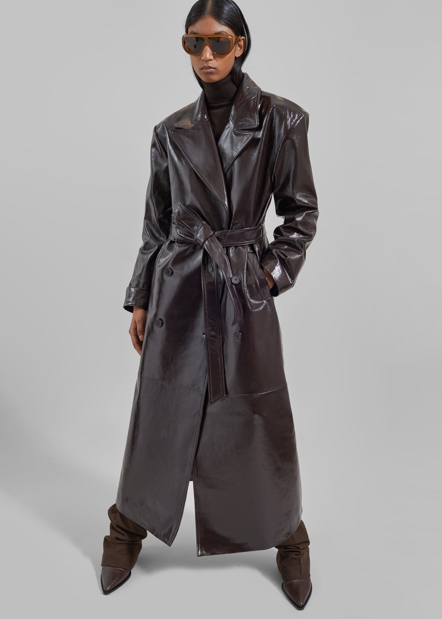 Tina Crackled Faux Leather Trench Coat - Brown