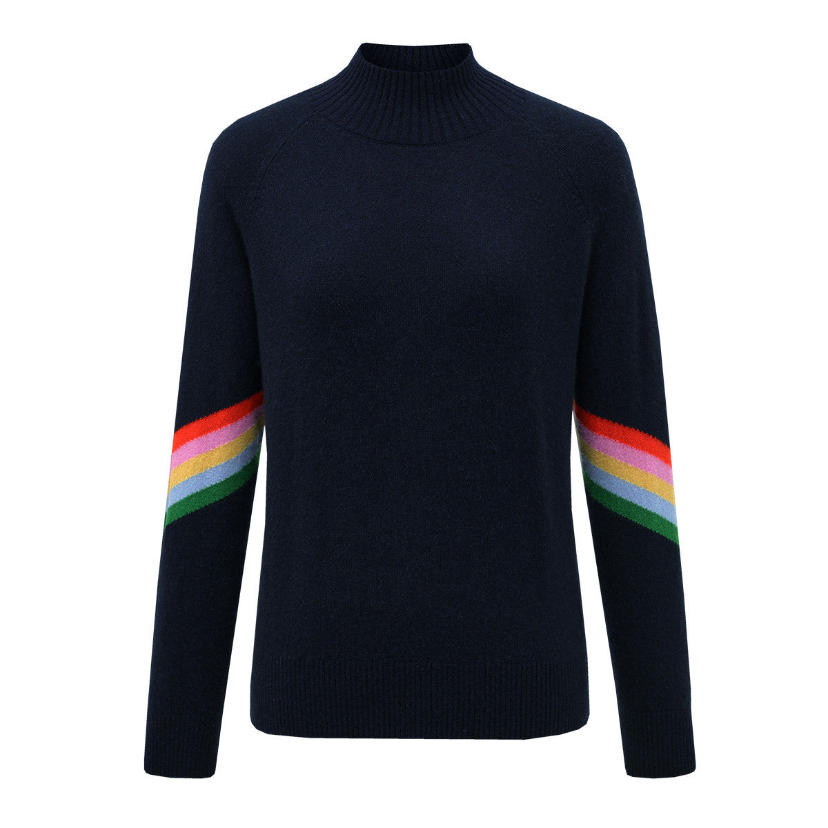 100% Cashmere Sweater with Multicolored Striped Sleeves