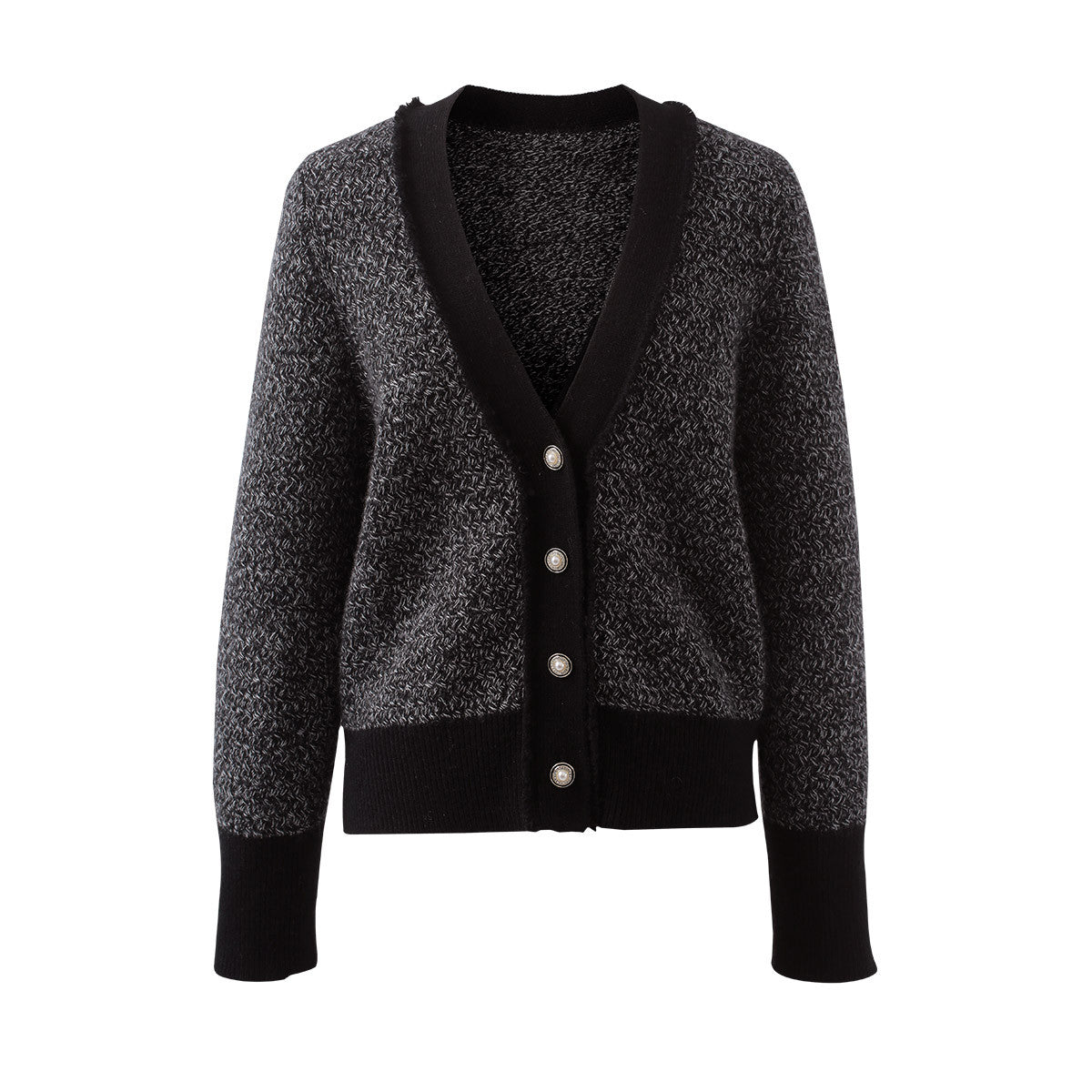 100% Cashmere Tweed Cardigan with Pearl Button Details