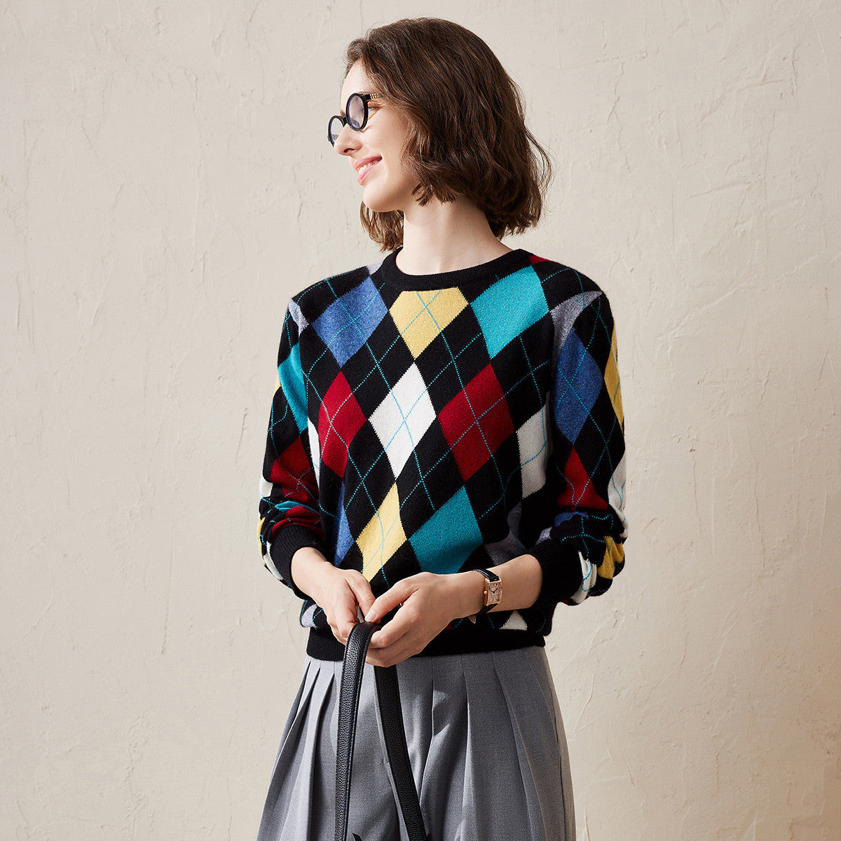 100% Cashmere Argyle Pattern Colorful Knitted Sweater