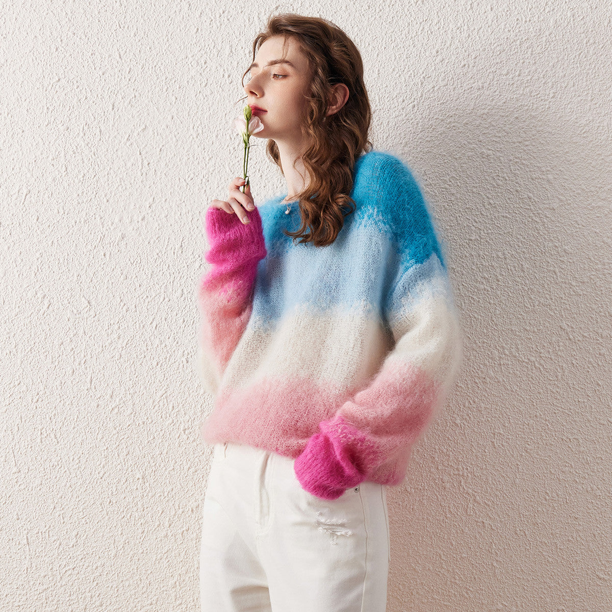 Mohair Gradient Color Block Fluffy Knit Sweater