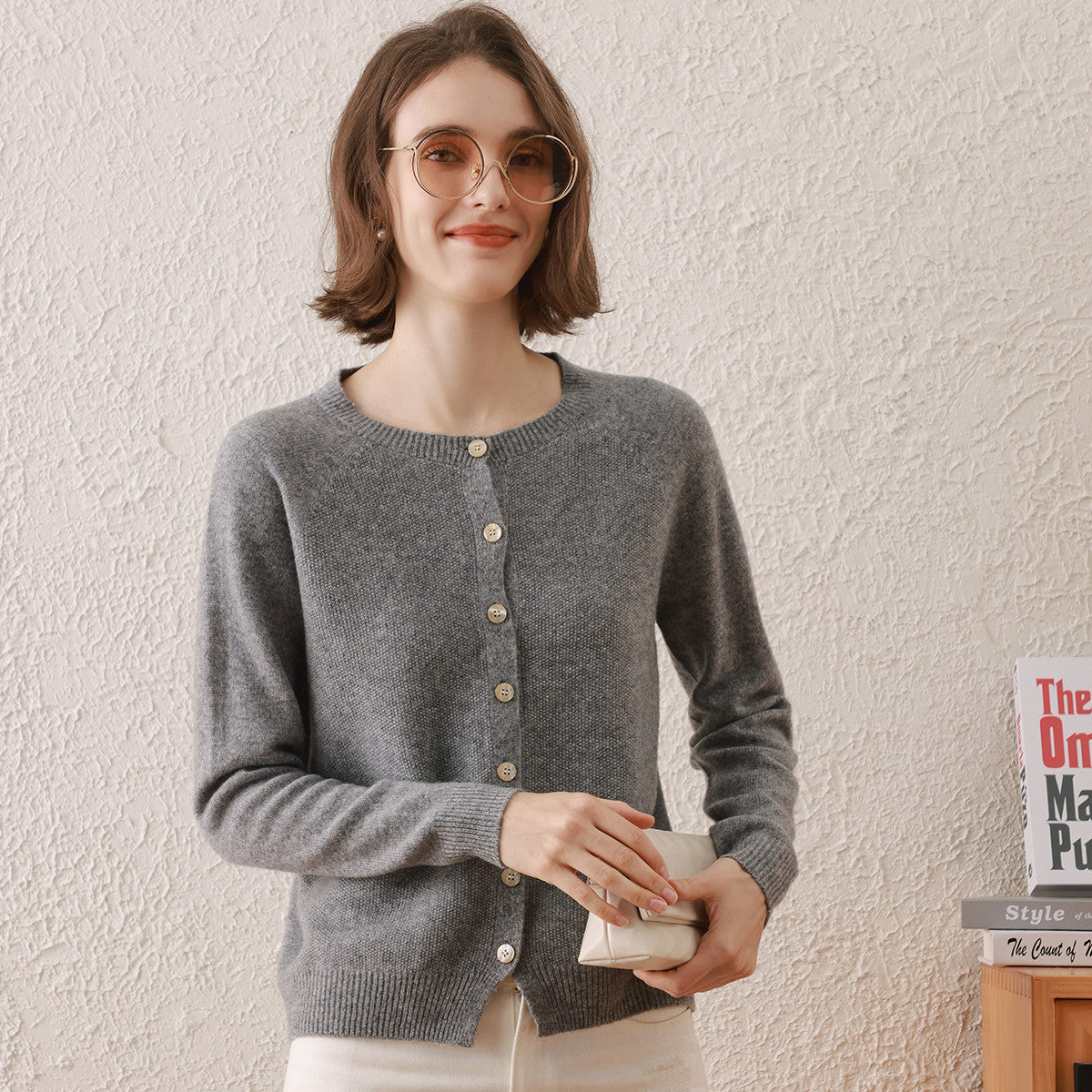 100% Wool Round Neck Cardigan Sweater