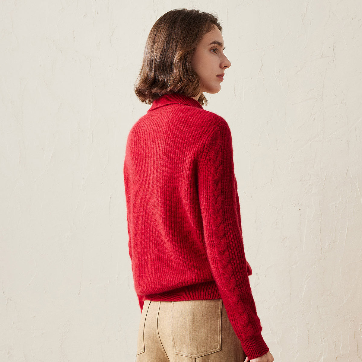 100% Cashmere Cable Knit Sweater with Button Neck