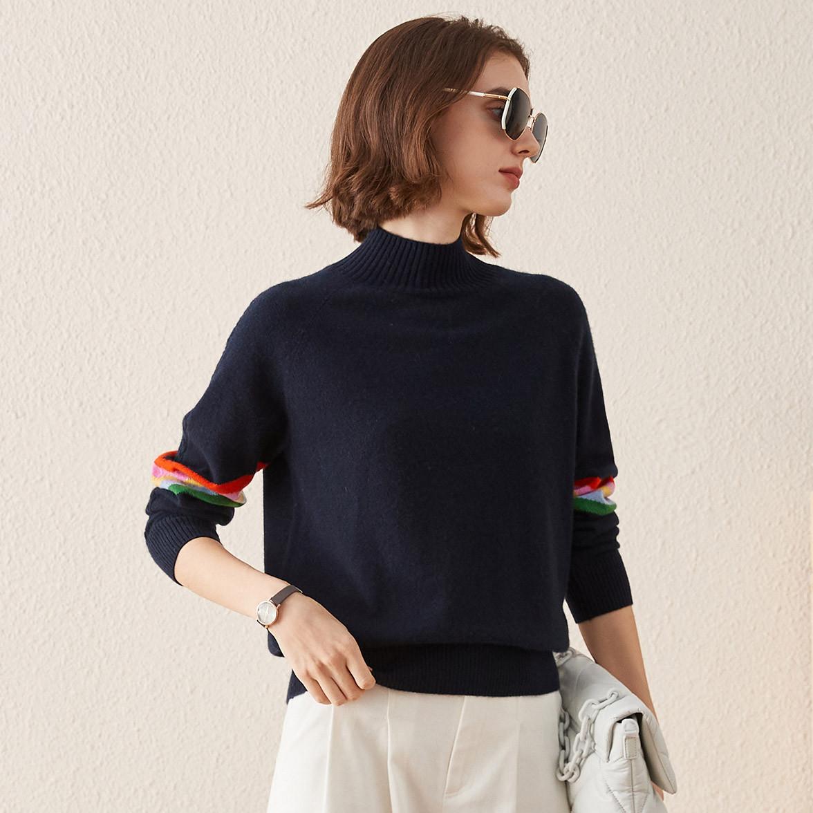 100% Cashmere Sweater with Multicolored Striped Sleeves