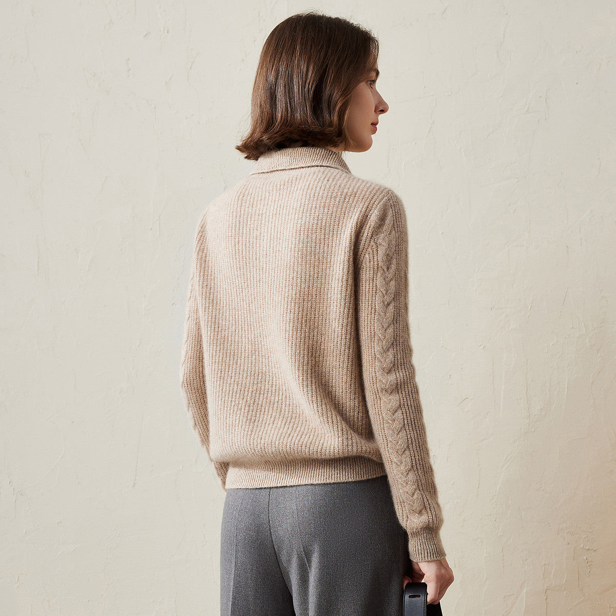 100% Cashmere Cable Knit Sweater with Button Neck