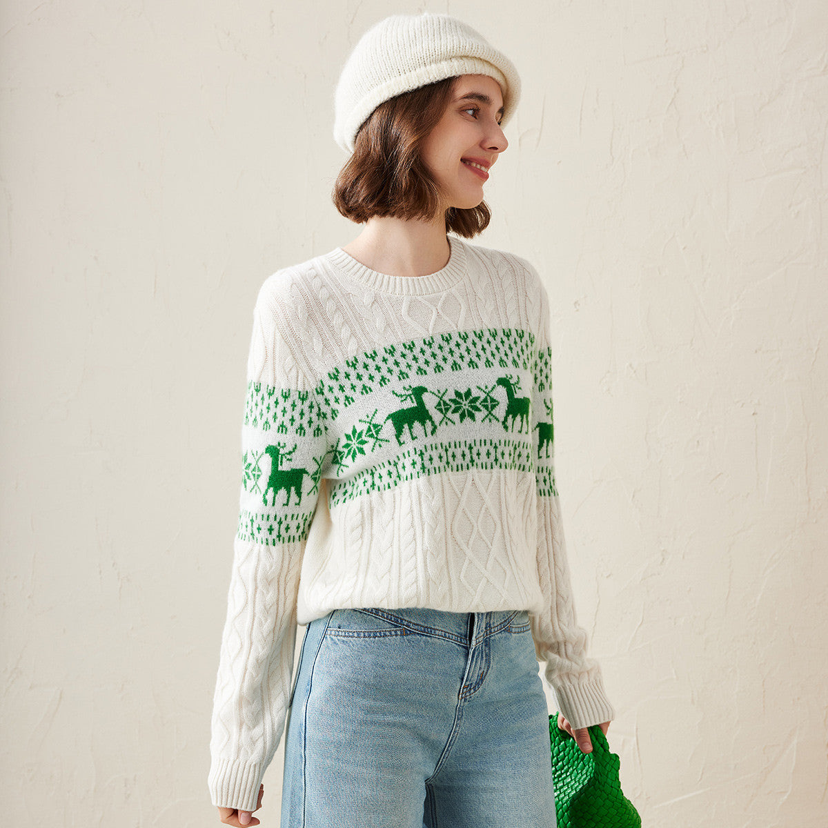 100% Cashmere Cozy Reindeer Fair Isle Knit Sweater