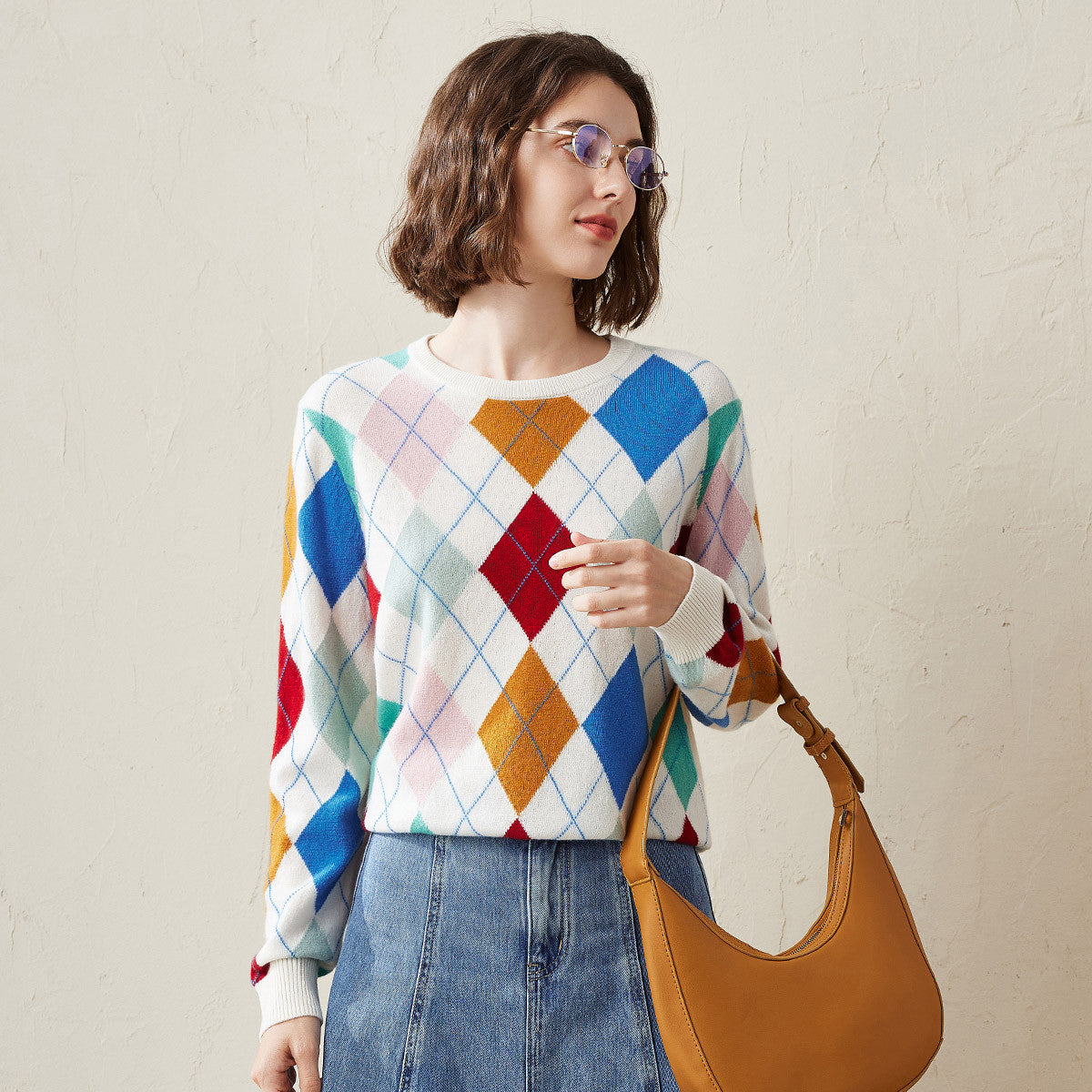 100% Cashmere Argyle Pattern Colorful Knitted Sweater