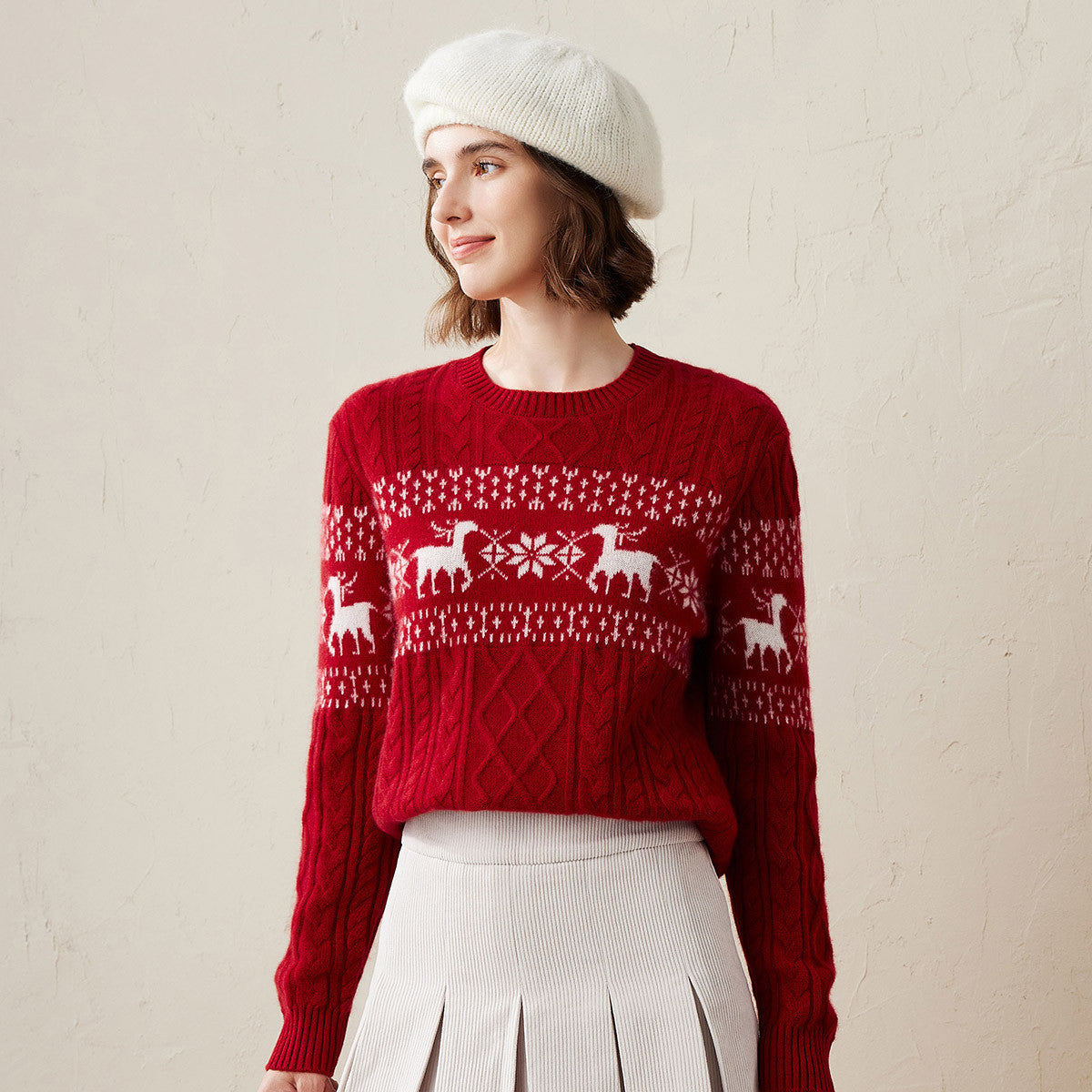 100% Cashmere Cozy Reindeer Fair Isle Knit Sweater