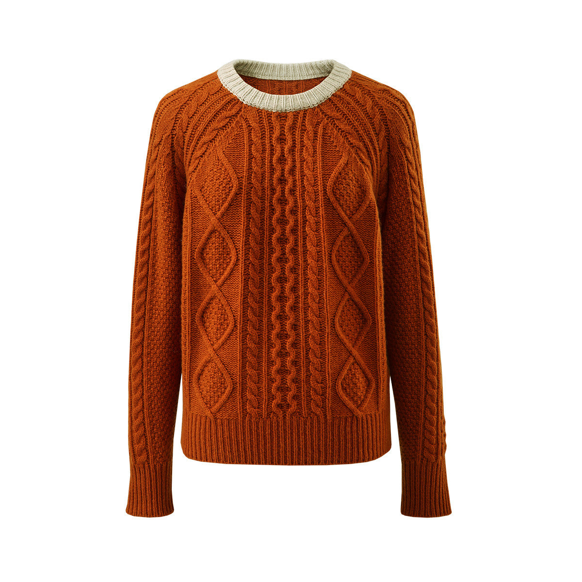 100% Wool Contrast Color Cable Knit Sweater