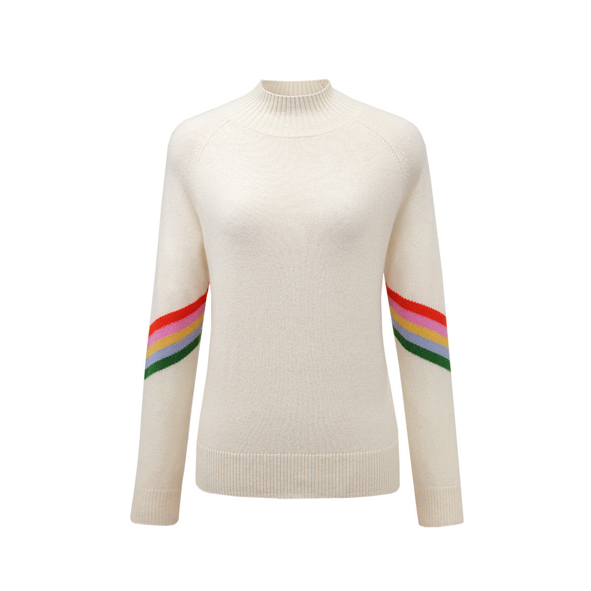 100% Cashmere Sweater with Multicolored Striped Sleeves