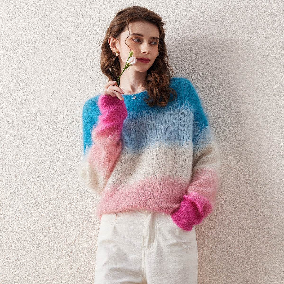 Mohair Gradient Color Block Fluffy Knit Sweater