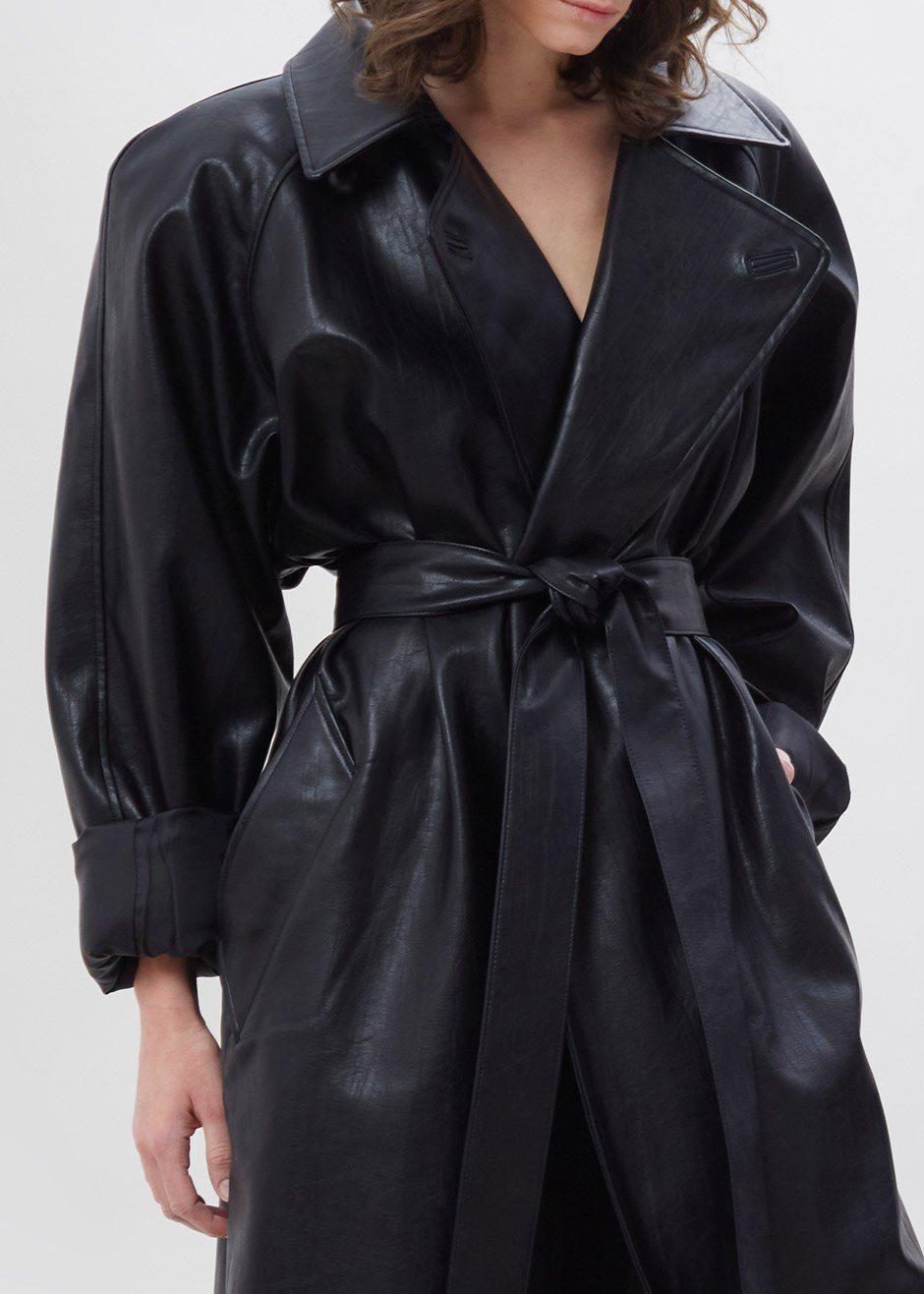 Henna Oversized Faux Leather Trench - Black