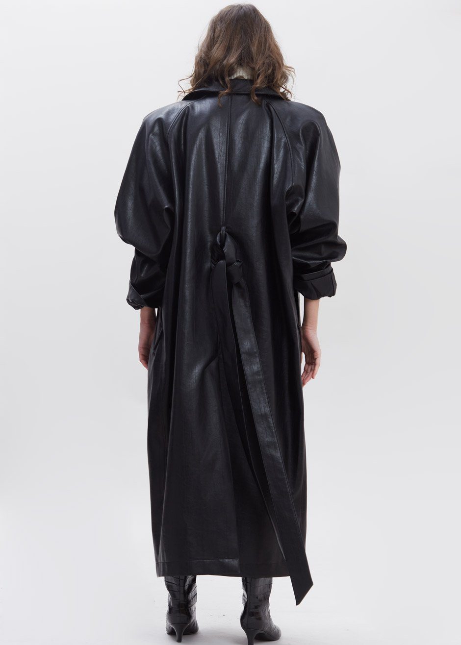 Henna Oversized Faux Leather Trench - Black